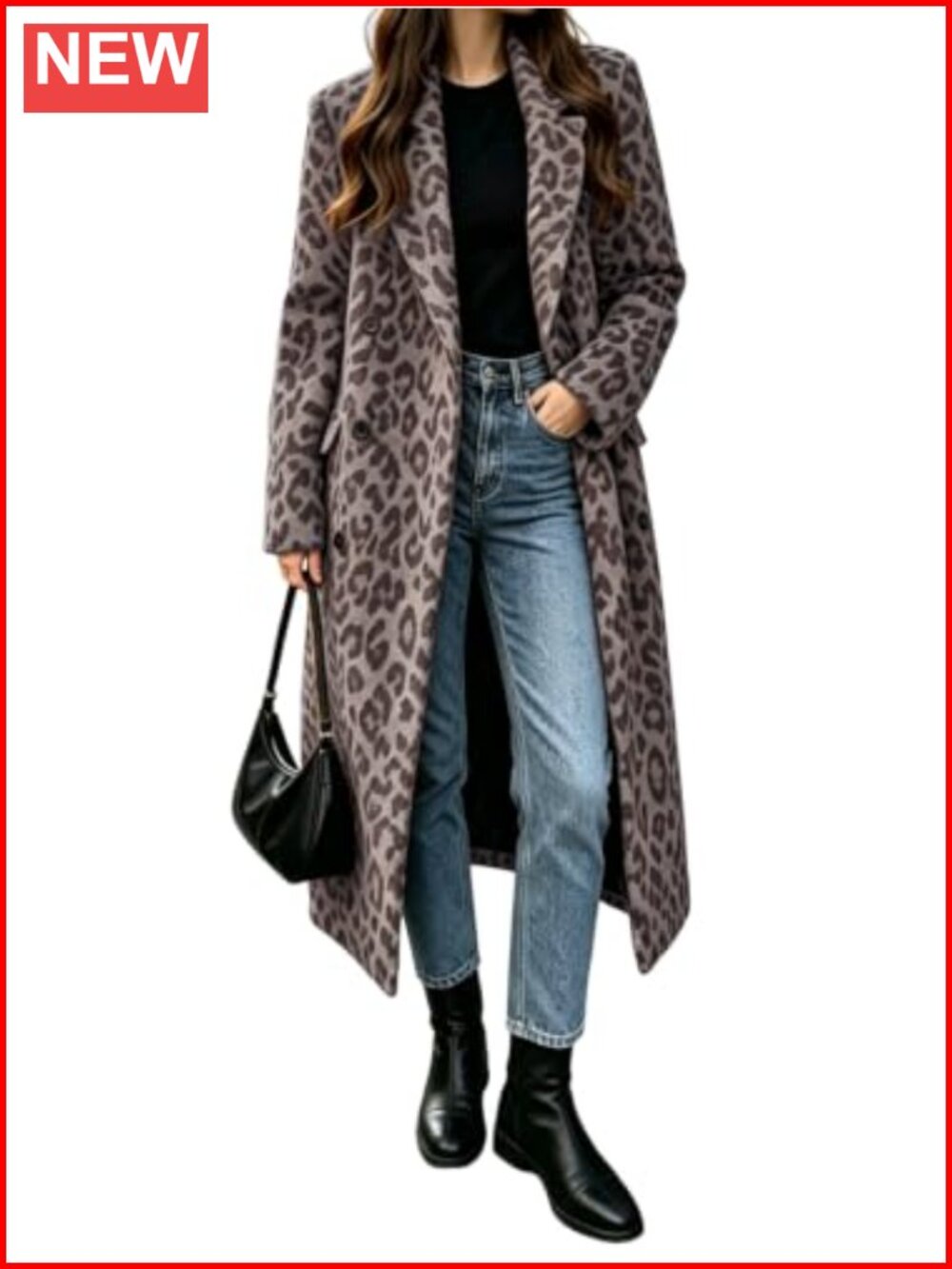 Womens Leopard Wool Blend Double Breasted Pea Coat Long Winter